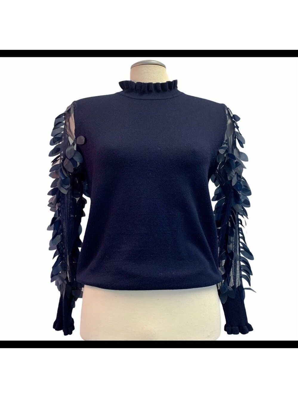 WILD Flower navy Leaf Mesh Sleeves Jumper Sz XS - Picture 4 of 12